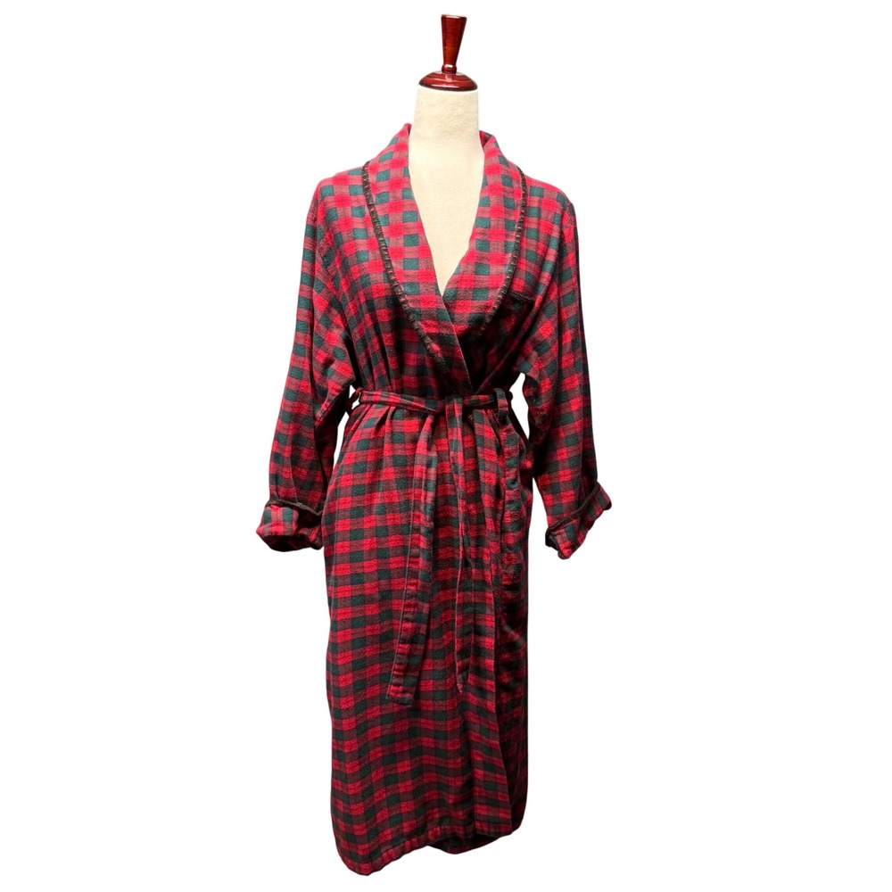 Charter‎ Club Robe Buffalo Plaid Cotton Flannel Long Red Green L Cozy Cabincore